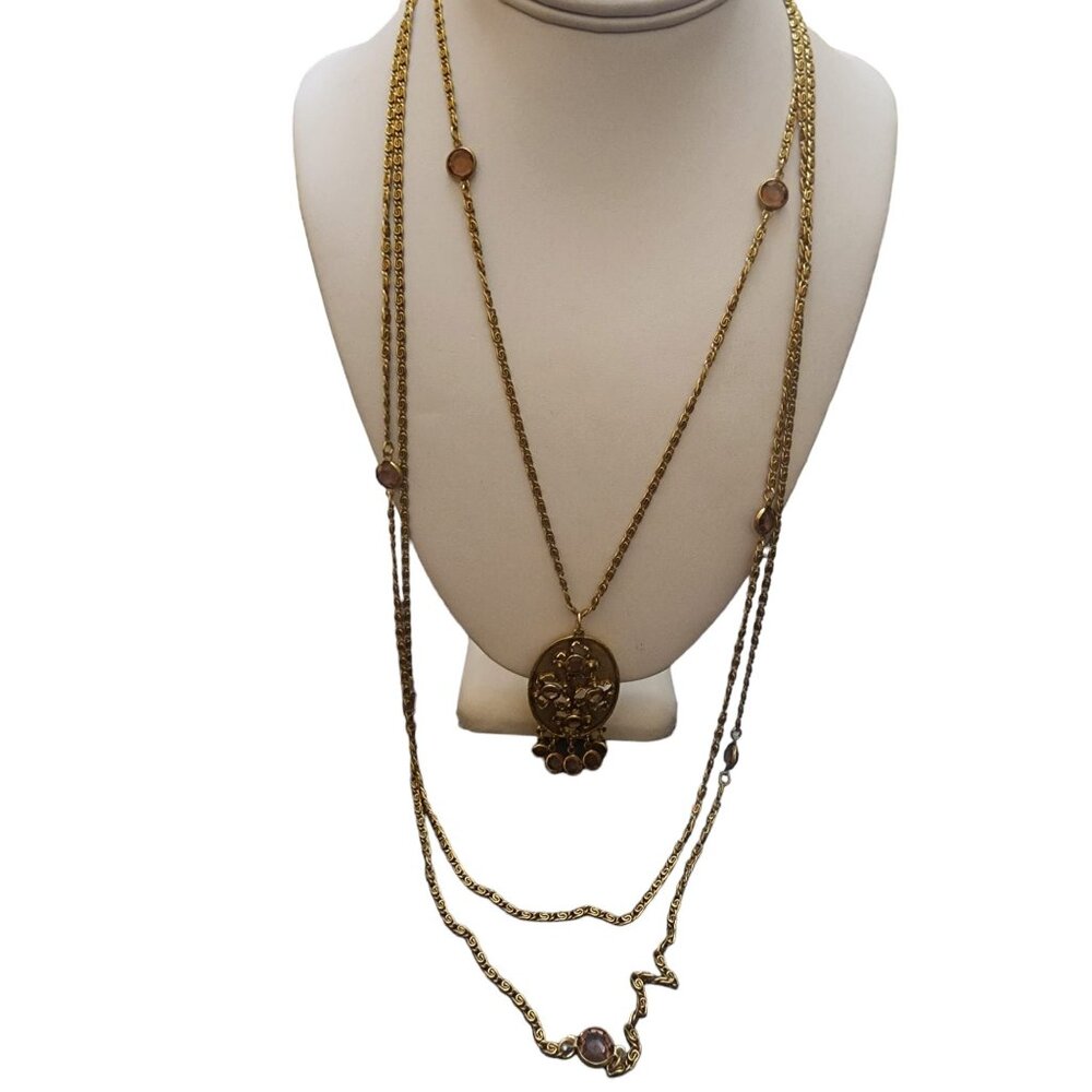 Vintage Signed Goldette Triple Strand Necklace with Purple Crystals (A4618)